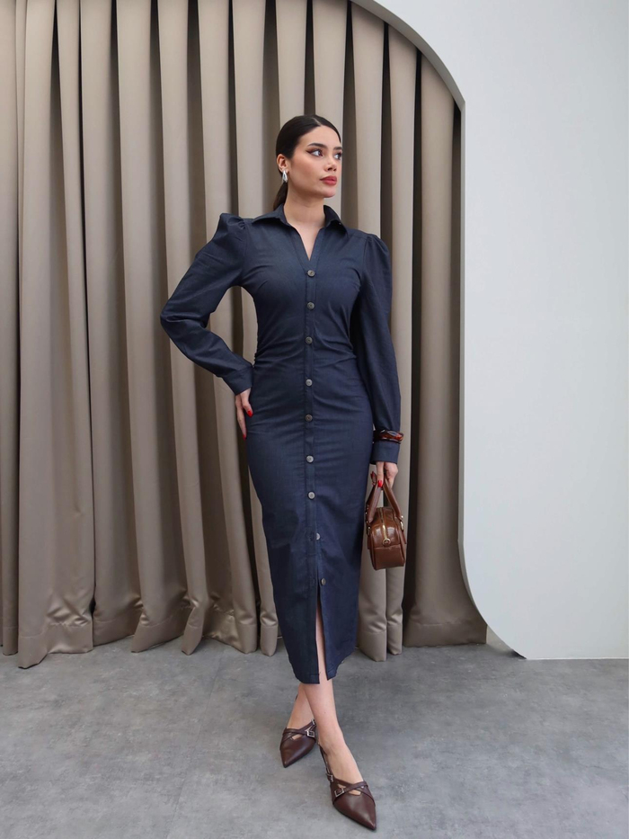 Düğmeli Tensel Denim Elbise