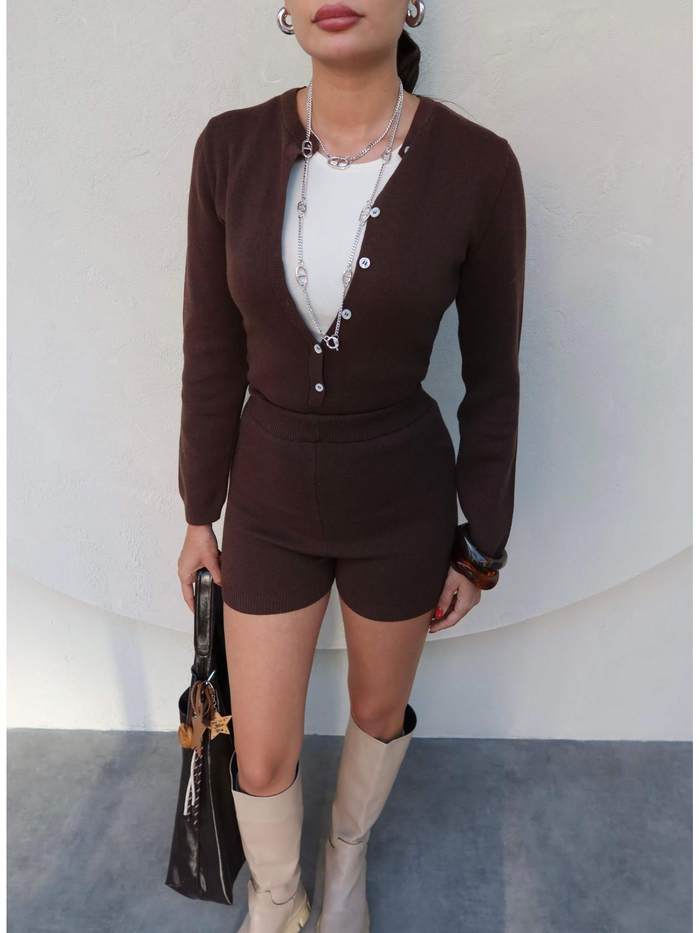Düğmeli Triko Bodysuit Takım