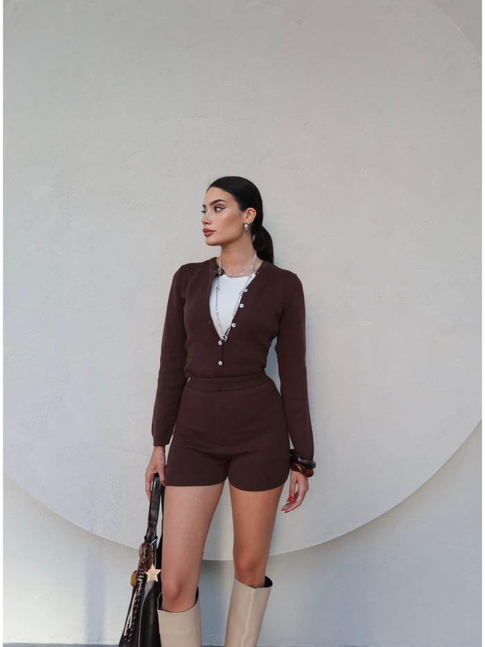 Düğmeli Triko Bodysuit Takım