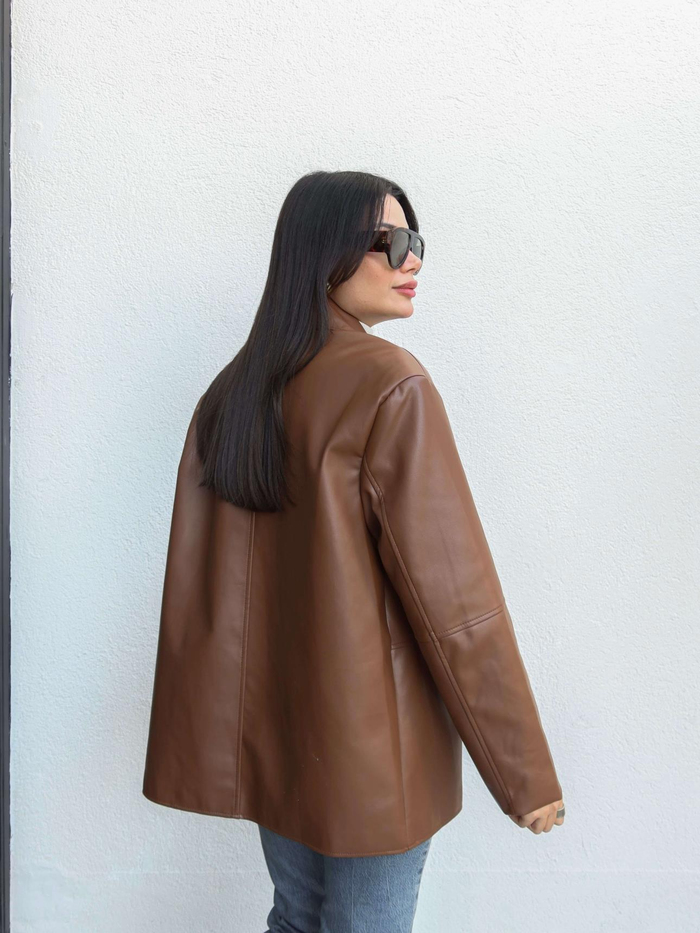 Düz Kesim Deri Blazer Ceket