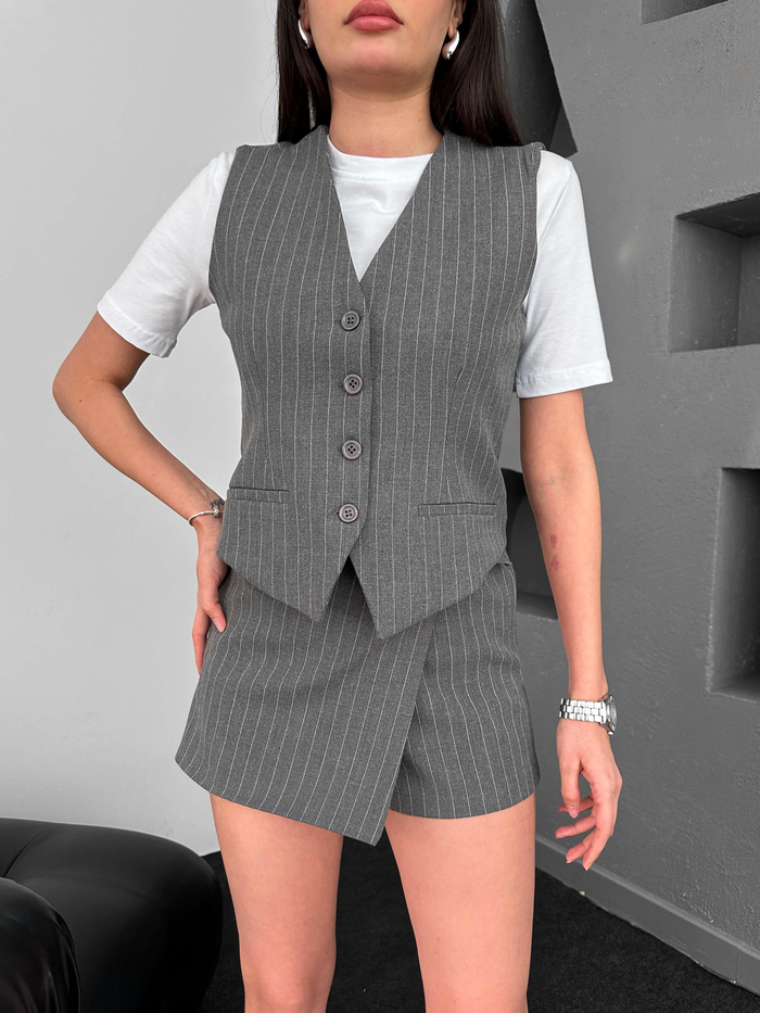 E.H Exclusive Gri Çizgili Yelek