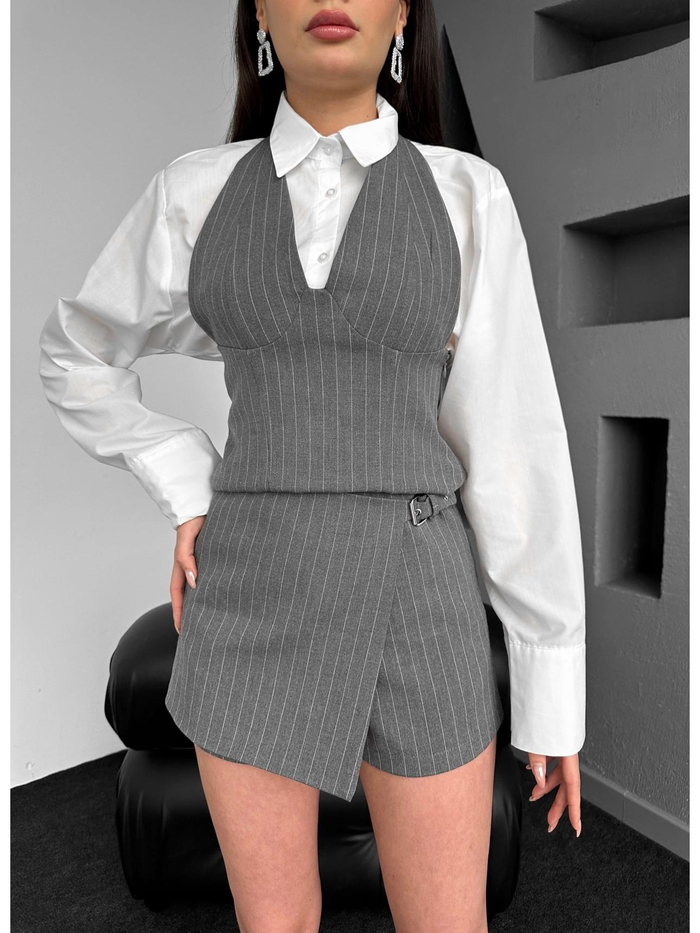 E.H Antrasit Çizgili Private Şort Etek