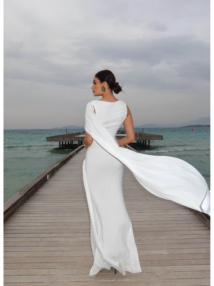 EH Collection Pelerin Detaylı Drapeli Uzun Elbise