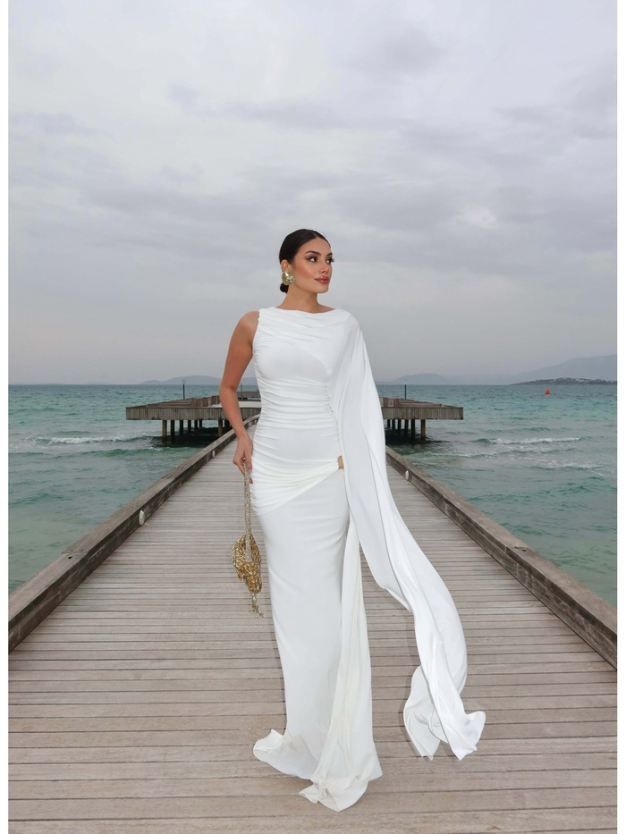 EH Collection Pelerin Detaylı Drapeli Uzun Elbise