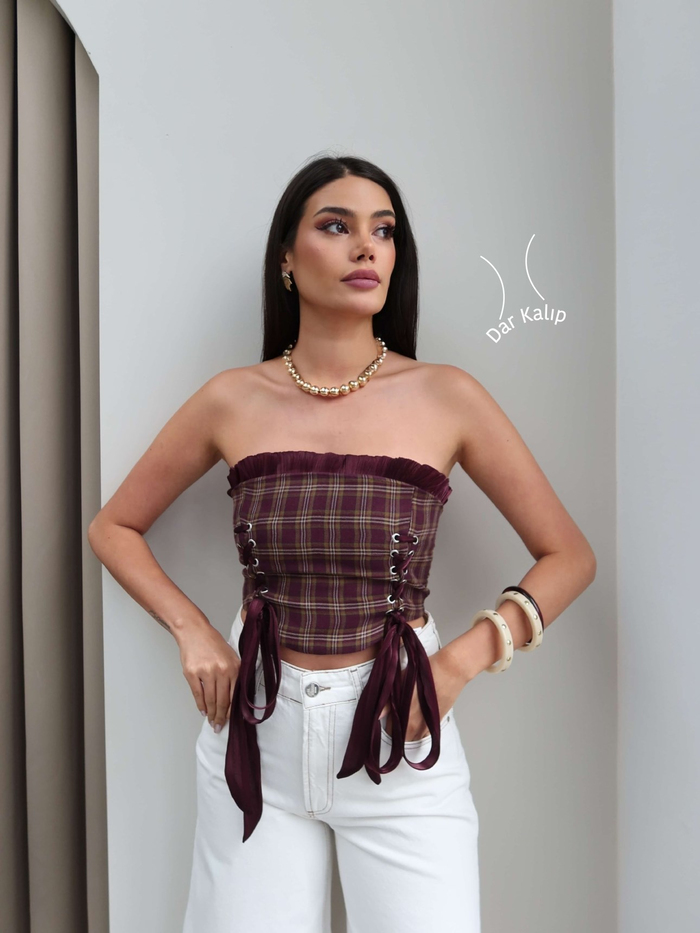 Ekose Desen Straplez Bluz