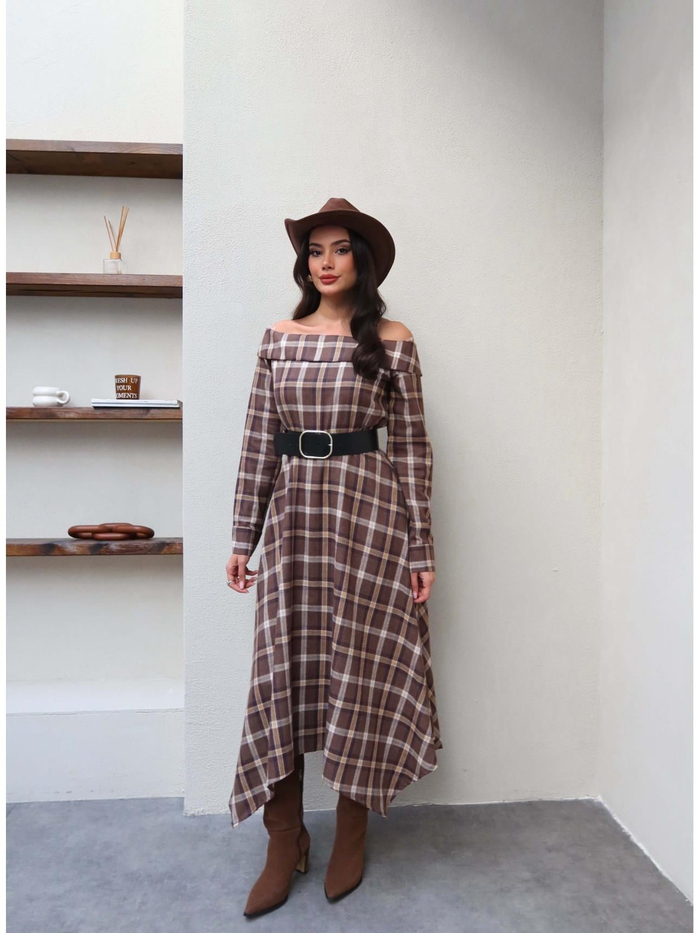 Ekose Omuz Açık Kemerli Elbise