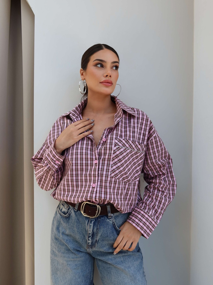 Ekoseli Cep Taşlı Oversize Gömlek