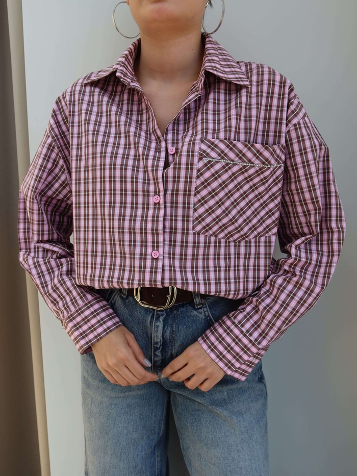 Ekoseli Cep Taşlı Oversize Gömlek