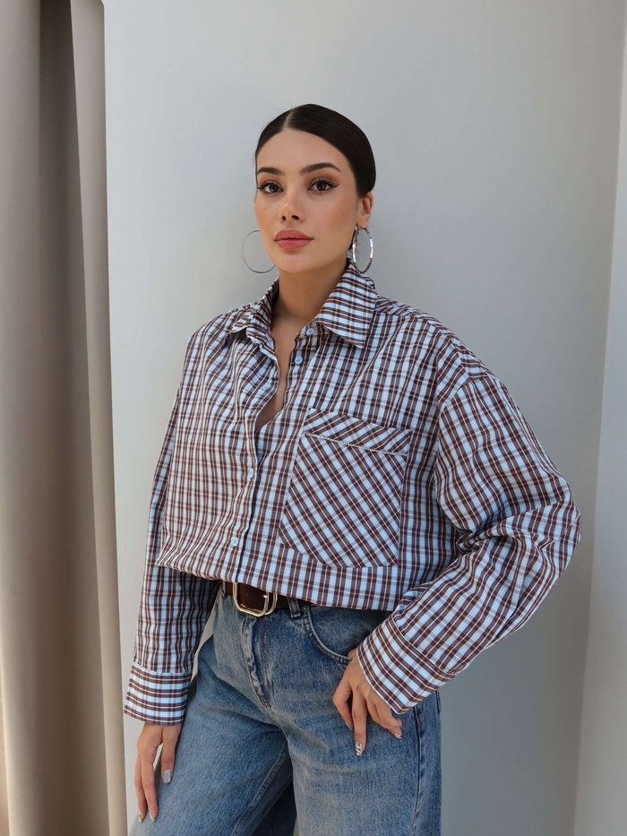 Ekoseli Cep Taşlı Oversize Gömlek