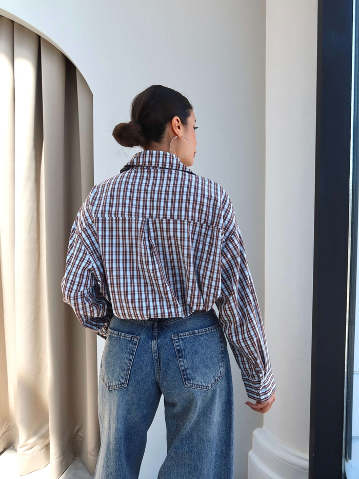Ekoseli Cep Taşlı Oversize Gömlek