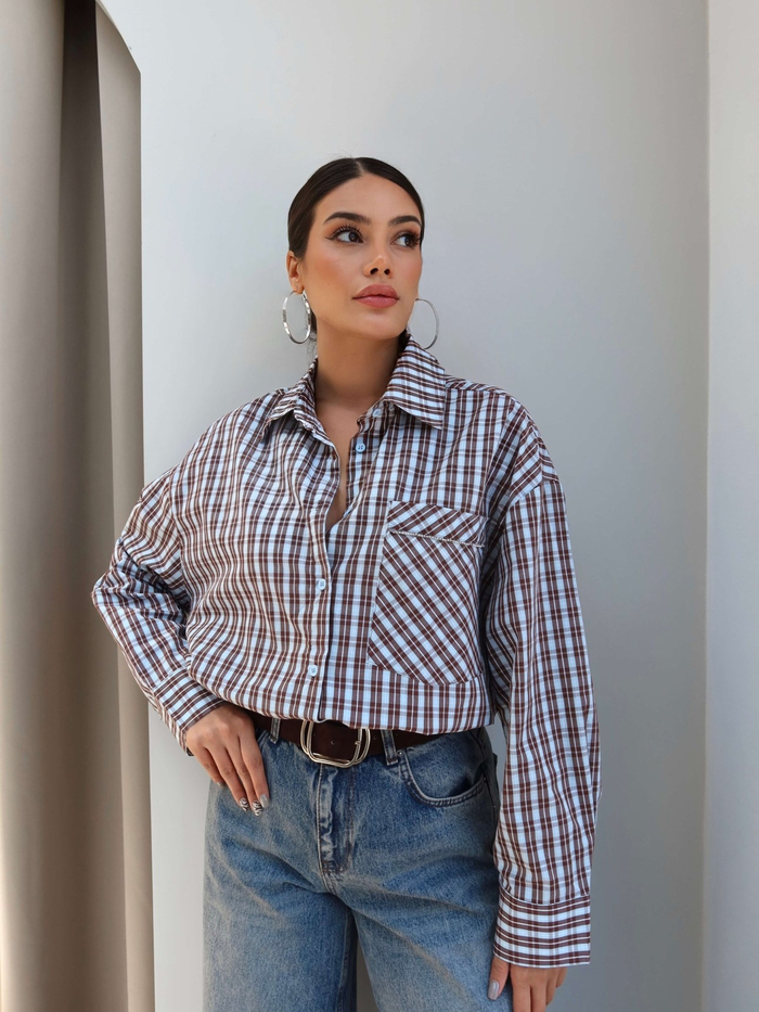 Ekoseli Cep Taşlı Oversize Gömlek