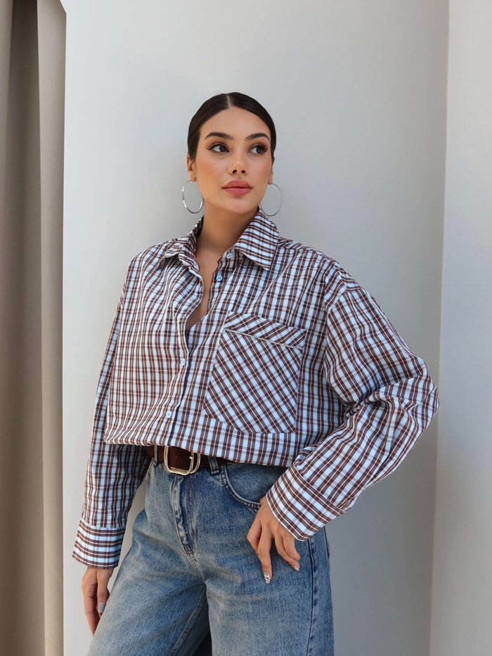 Ekoseli Cep Taşlı Oversize Gömlek