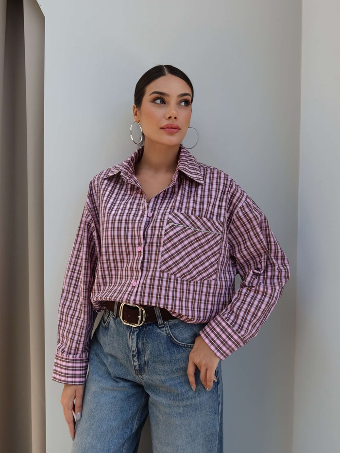 Ekoseli Cep Taşlı Oversize Gömlek