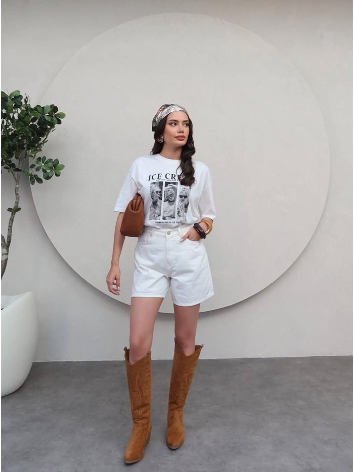 Ekru Denim Bermuda Şort