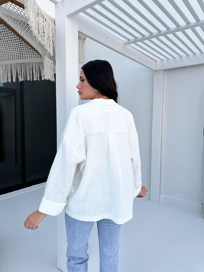 Ekru Manşetli Keten Oversize Ceket