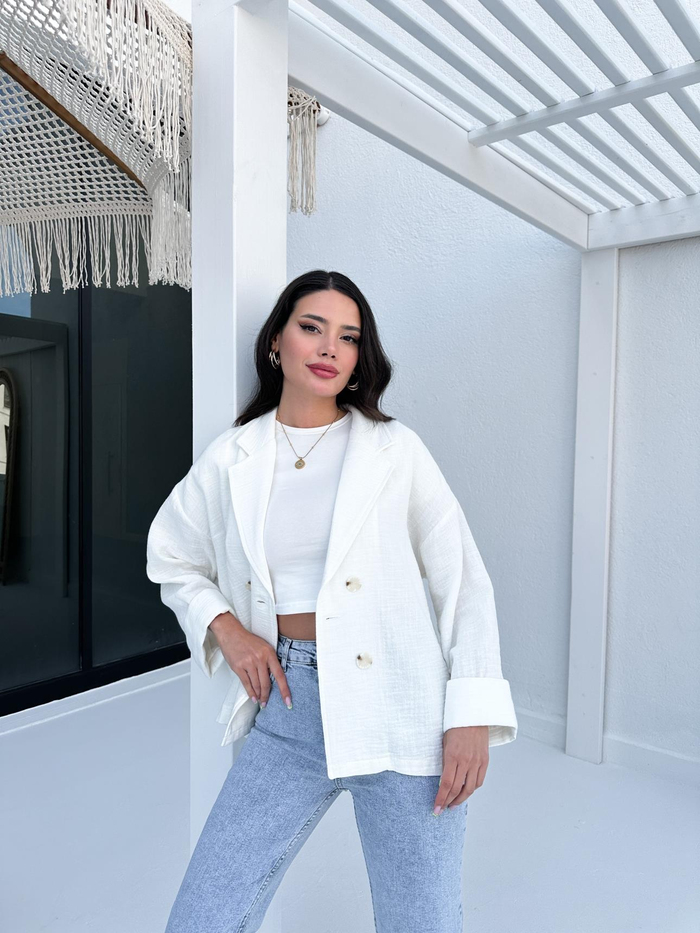 Ekru Manşetli Keten Oversize Ceket