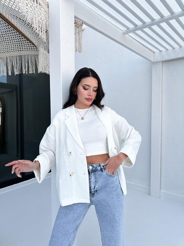 Ekru Manşetli Keten Oversize Ceket