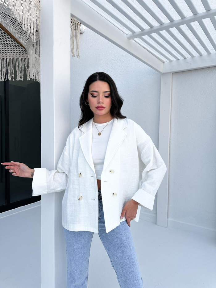 Ekru Manşetli Keten Oversize Ceket