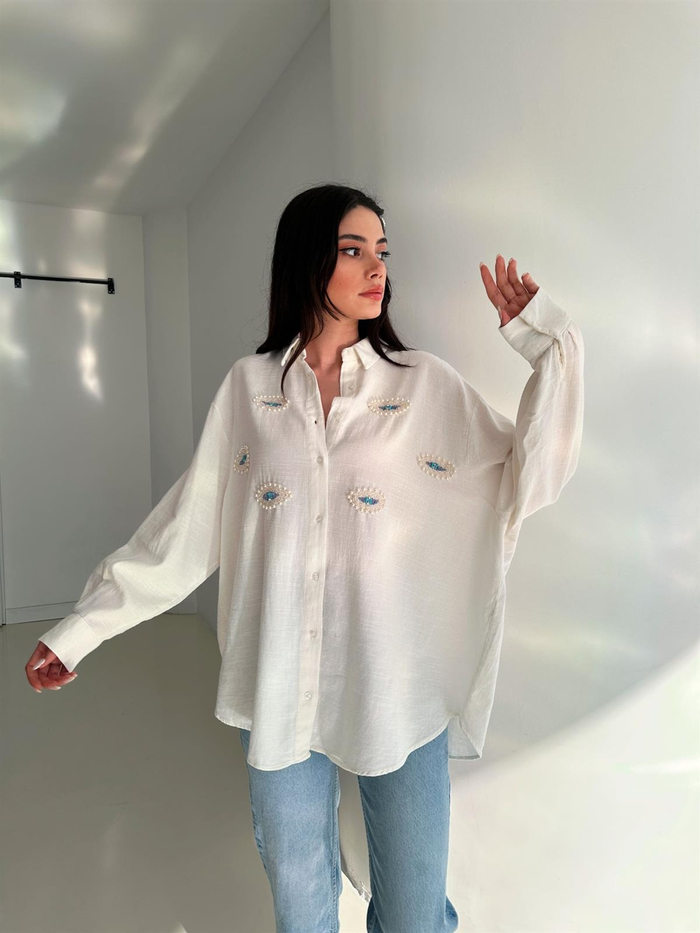Ekru Nazar Boncuklu Keten Oversize Gömlek