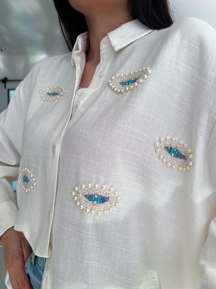 Ekru Nazar Boncuklu Keten Oversize Gömlek