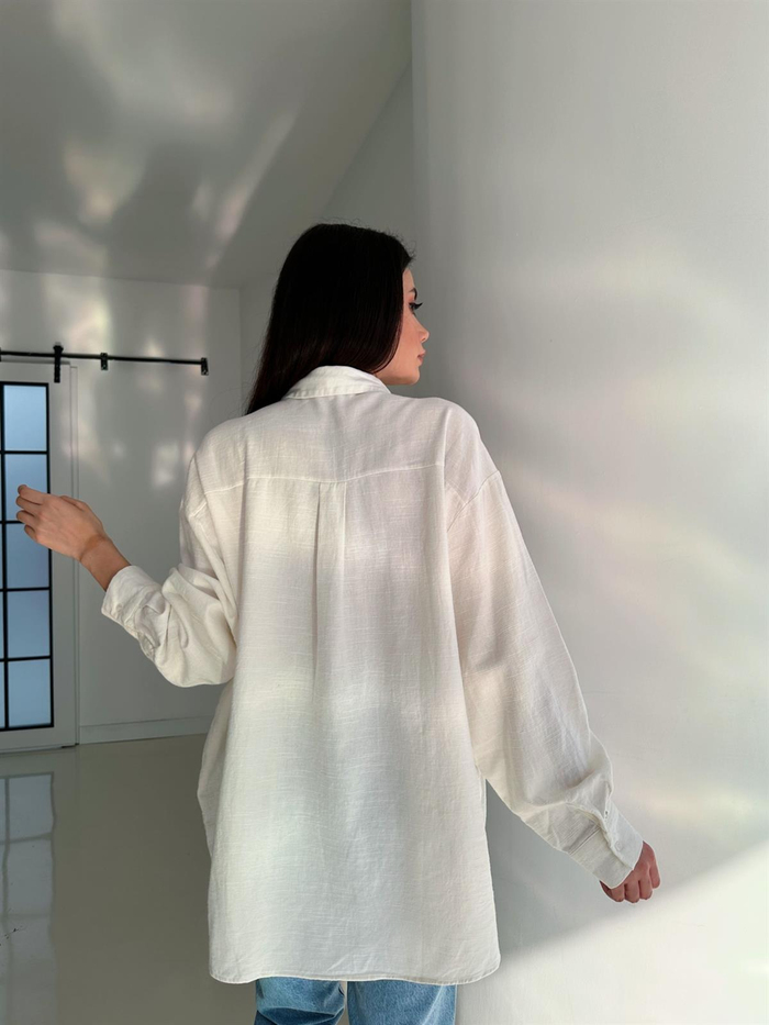 Ekru Nazar Boncuklu Keten Oversize Gömlek