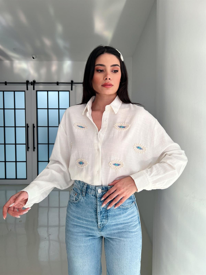 Ekru Nazar Boncuklu Keten Oversize Gömlek