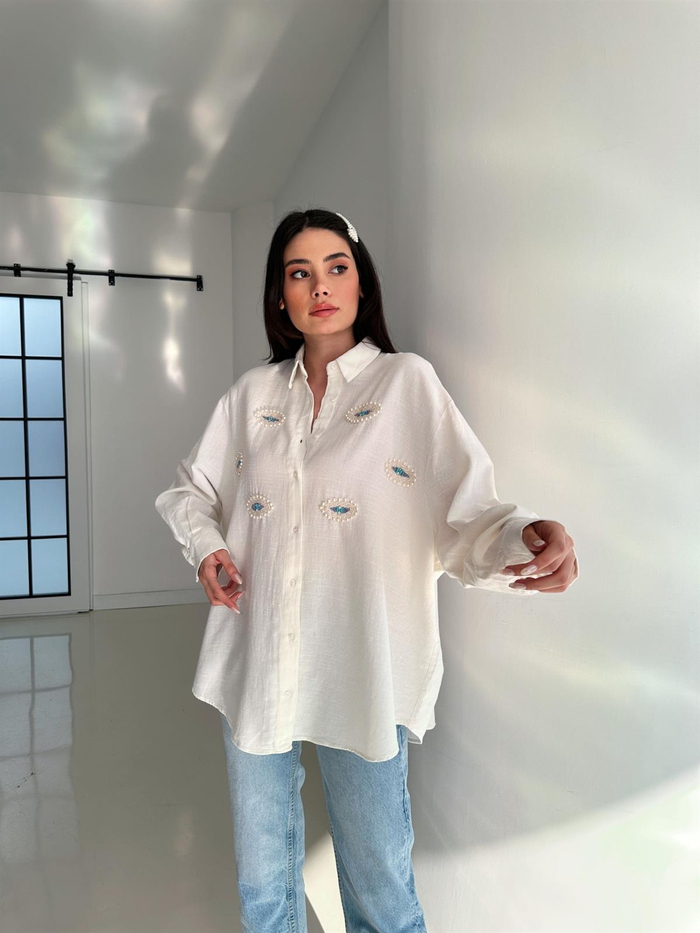 Ekru Nazar Boncuklu Keten Oversize Gömlek