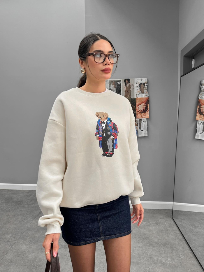 Ekru Teddy Bear Baskılı Sweat