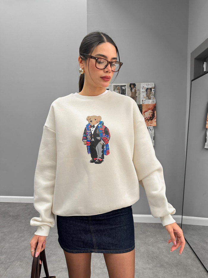 Ekru Teddy Bear Baskılı Sweat