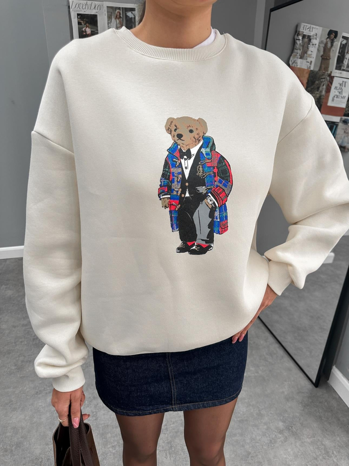 Ekru Teddy Bear Baskılı Sweat