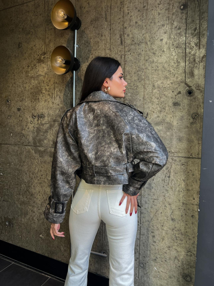Eskitme Parkas Kısa Deri Ceket