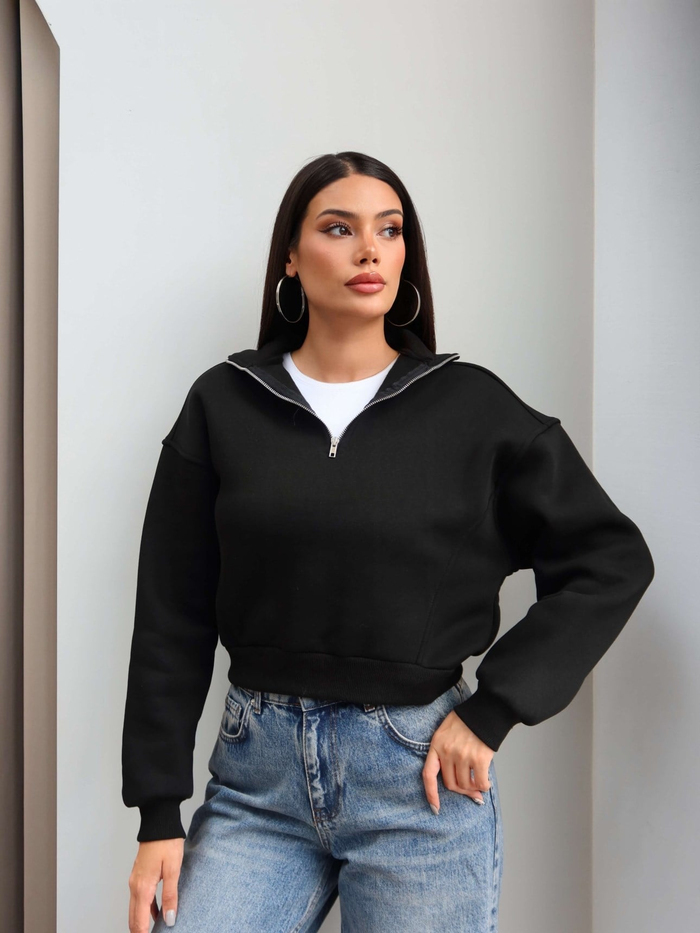 Fermuarlı Dik Yaka Şardonlu Sweatshirt