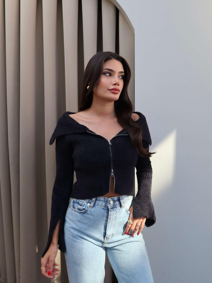 Fermuarlı Dik Yaka Triko Hırka