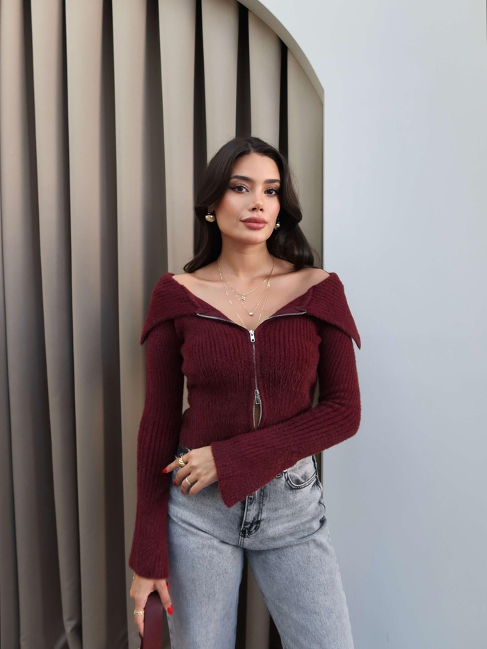 Fermuarlı Dik Yaka Triko Hırka