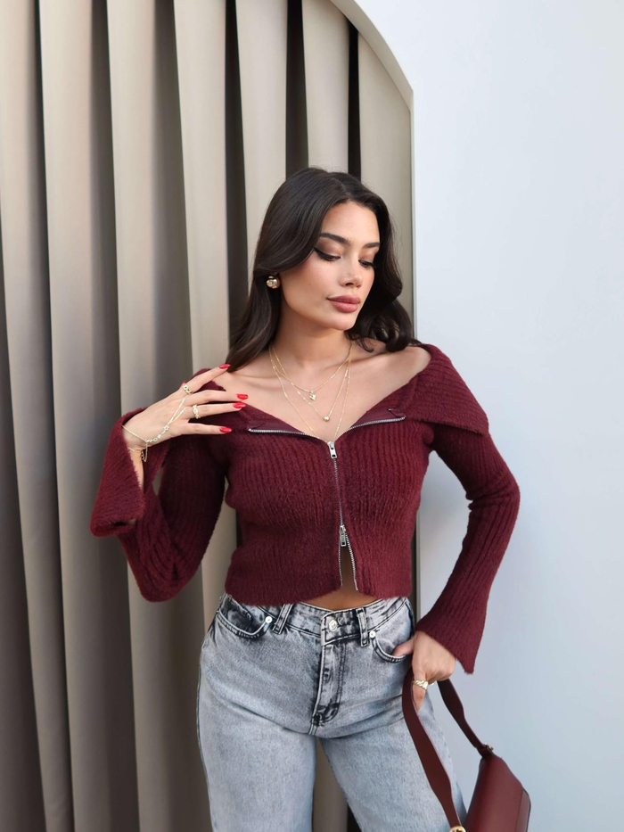 Fermuarlı Dik Yaka Triko Hırka