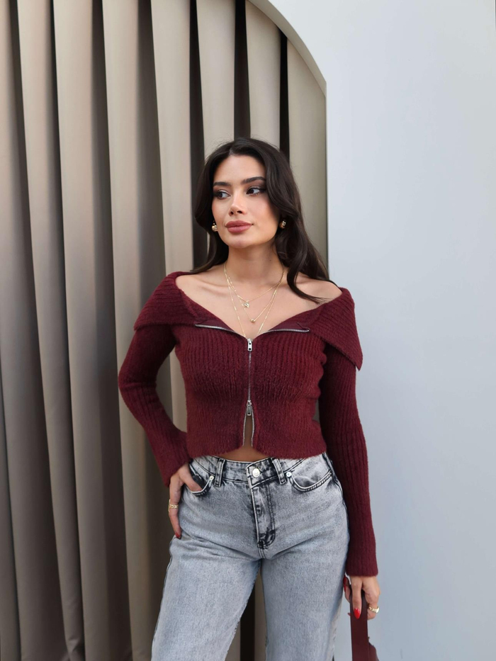 Fermuarlı Dik Yaka Triko Hırka