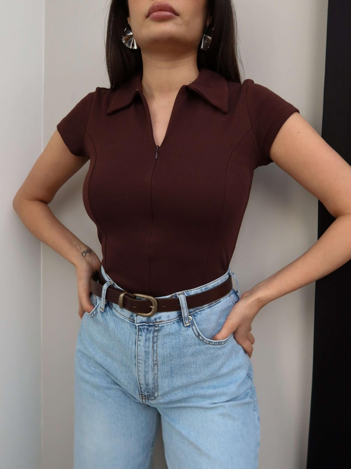 Fermuarlı Kısa Kol Body