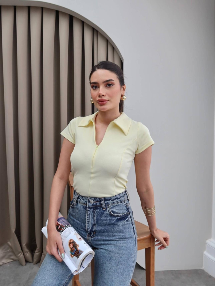 Fermuarlı Kısa Kol Body