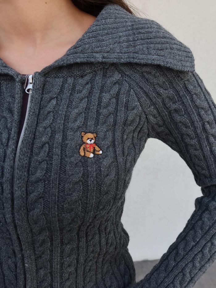 Fermuarlı Örgü Teddy Bear Hırka