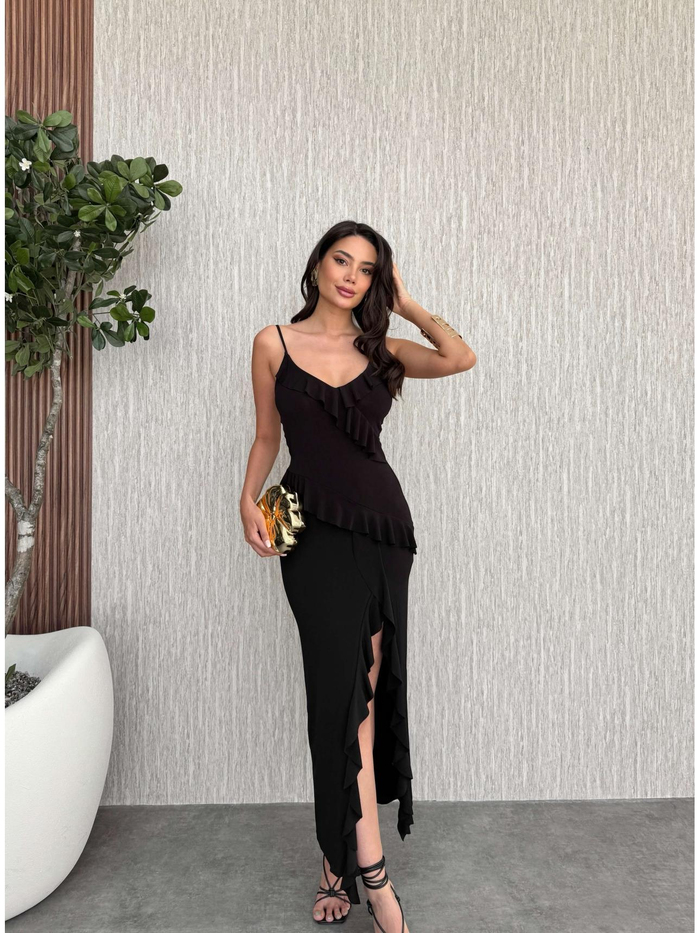 Fırfırlı İnce Askılı Elbise