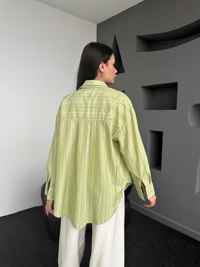 Fıstık Yeşili Çizgili Oversize Gömlek