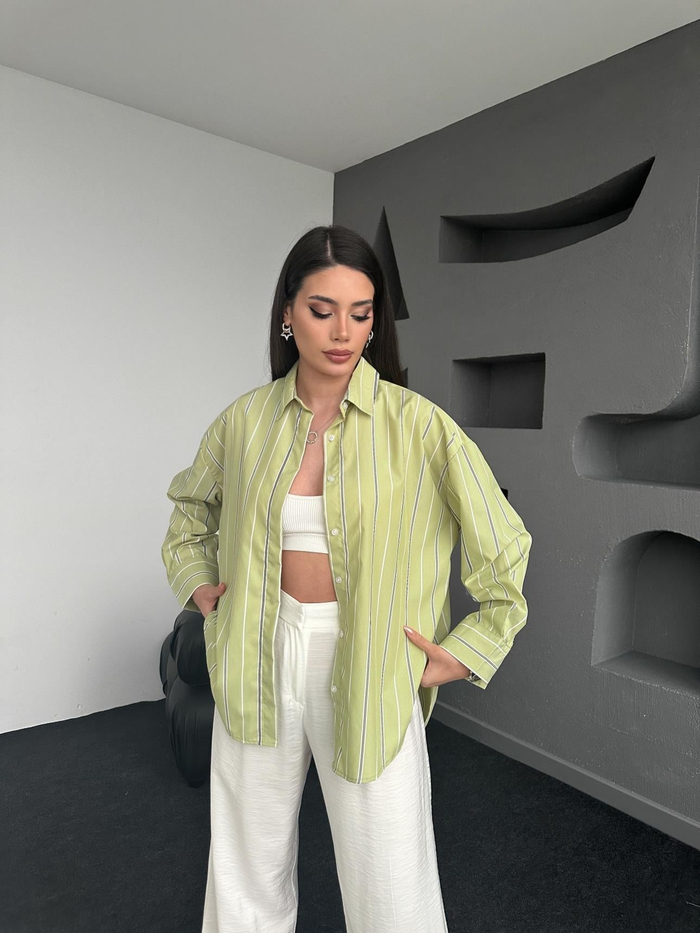 Fıstık Yeşili Çizgili Oversize Gömlek