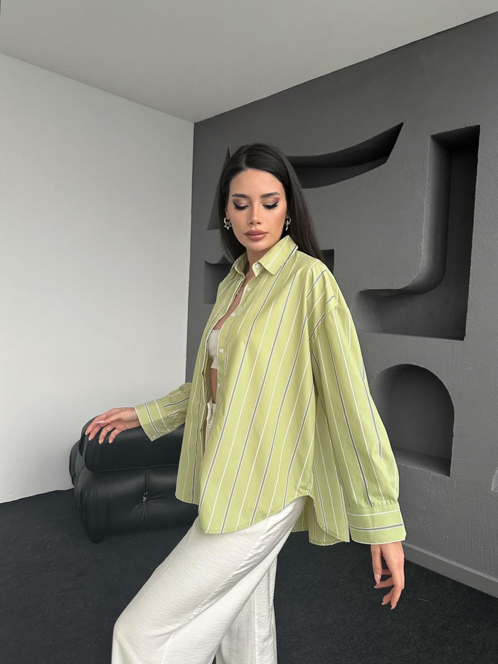 Fıstık Yeşili Çizgili Oversize Gömlek