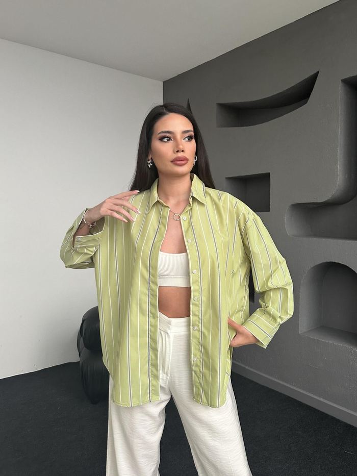 Fıstık Yeşili Çizgili Oversize Gömlek