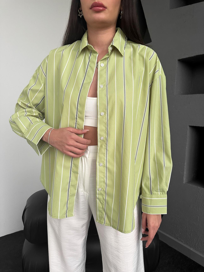 Fıstık Yeşili Çizgili Oversize Gömlek