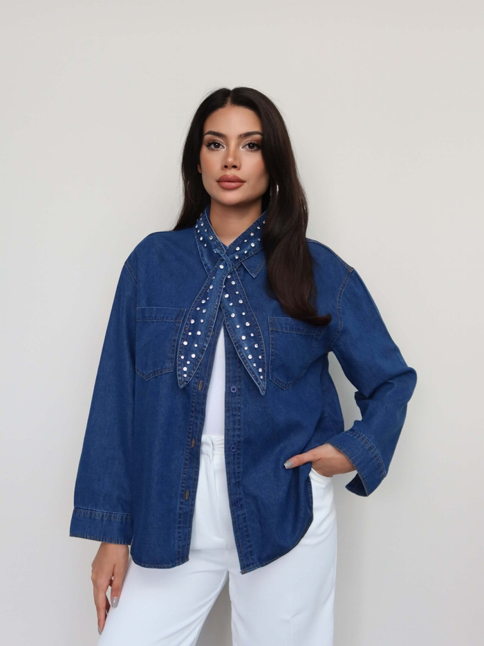 Fular Taşlı Denim Gömlek