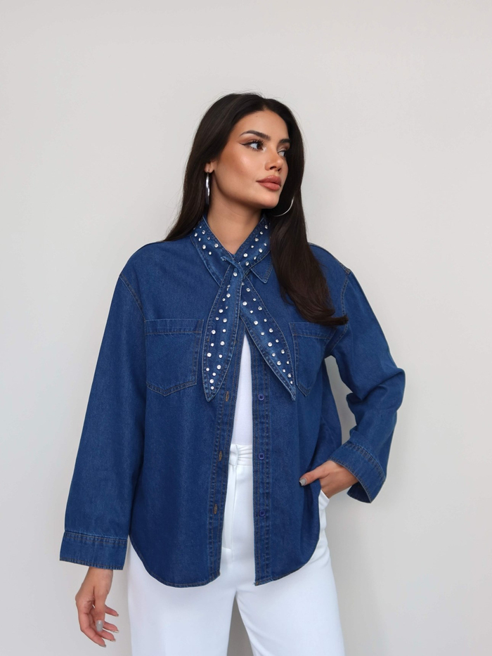 Fular Taşlı Denim Gömlek