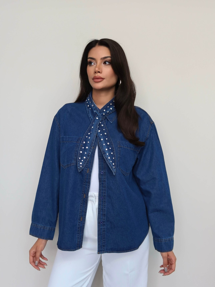 Fular Taşlı Denim Gömlek