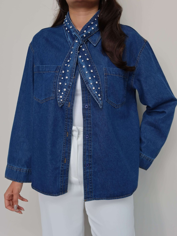 Fular Taşlı Denim Gömlek