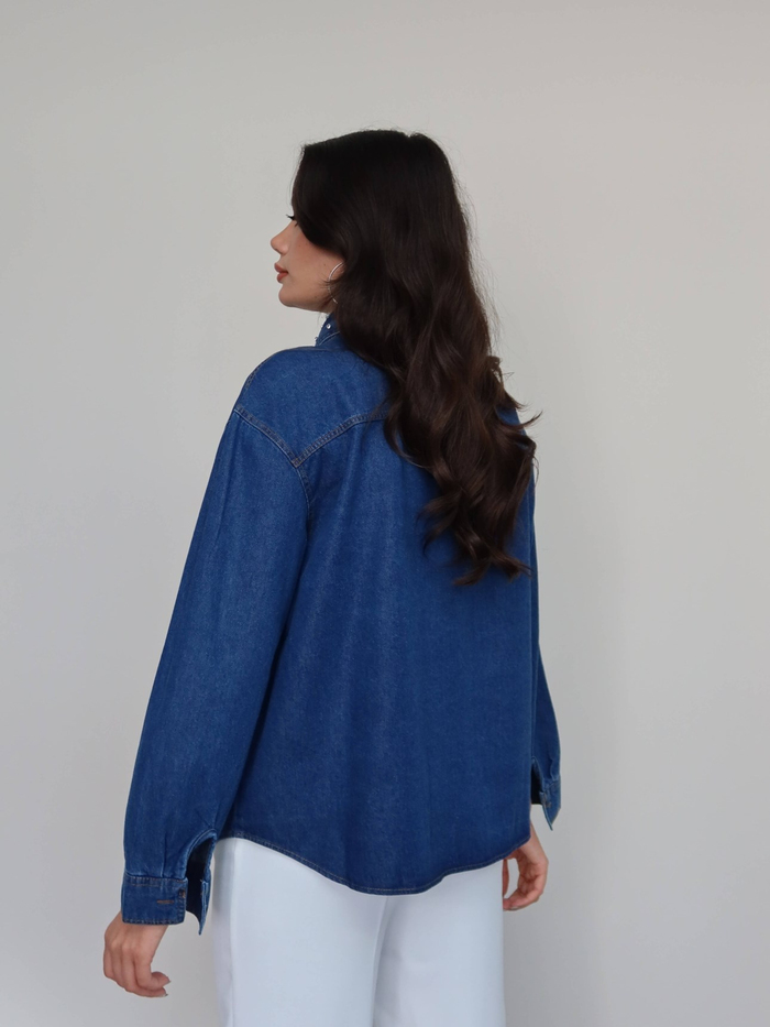 Fular Taşlı Denim Gömlek